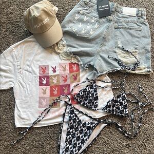 PLAYBOY X Misguided distressed jean shorts bikini summer set